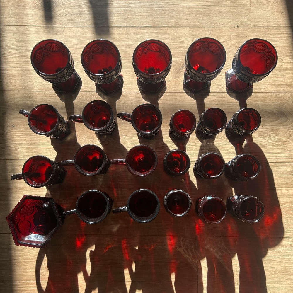 Avon 1876 Cape Cod Ruby Red Glass Set Goblets Mugs Pedestal‎ Dish 20 Pieces